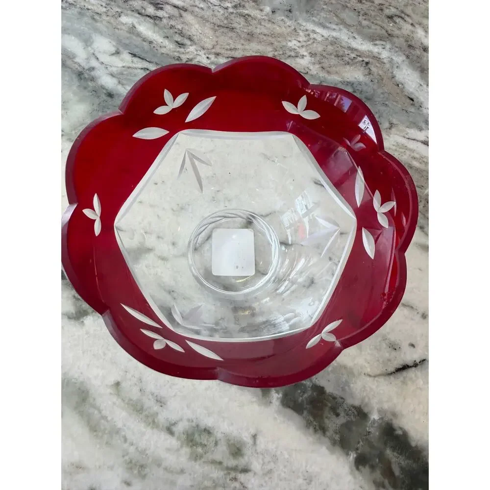 Lenox Ruby Red Hand Painted Crystal Glass Bowl Scalloped Edge Made in Romania